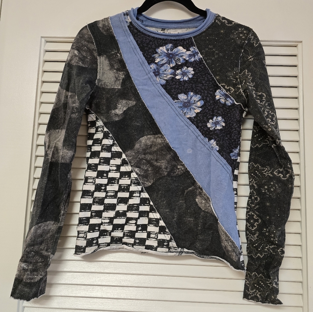 Free People We The Free - Mixed Print Patchwork Checkered Cotton Floral Top